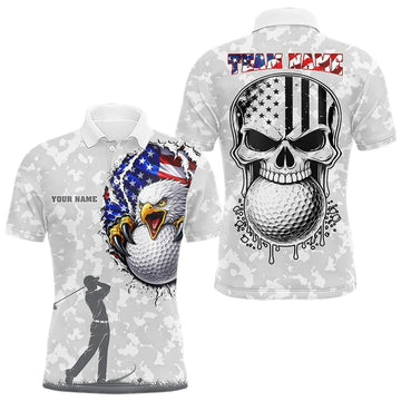Maxcorners Personalized American Flag Skull Eagle Camo Golf Polo Shirts For Men, Patriotic Mens Golf Outfits