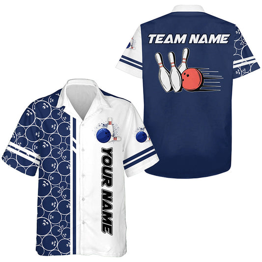 MaxCorners Bowling And Pins White And Blue Camo Vintage Customized Name, Team Name 3D Hawaiian Shirt