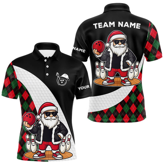 Maxcorners Funny Santa Christmas Bowling Shirts For Men green and red argyle pattern Custom Team Bowling outfit LM2603