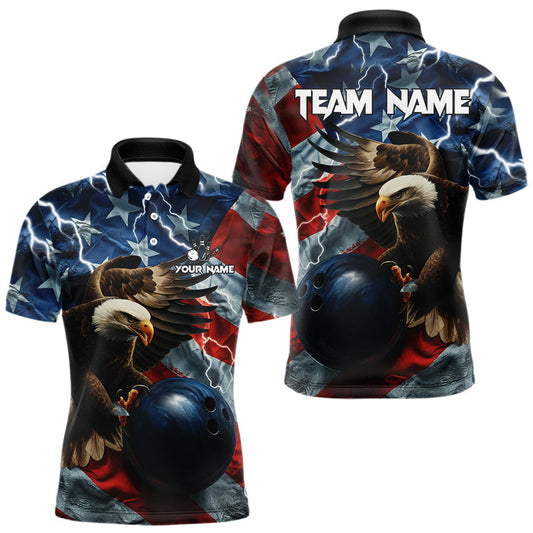 Maxcorners American Flag Eagle Lightning Thunder Bowling Shirts For Men Custom Patriotic Bowling Team Jerseys LM2603