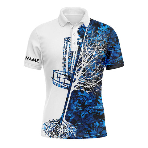 Maxcorners Mens disc golf polo shirt custom name blue camo disc golf basket, personalized disc golf shirt MT0510