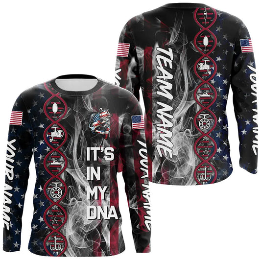 Maxcorners Personalized Red, White & Blue Smoke American Flag Patriotic Largemouth Bass Fishing shirts LM1812