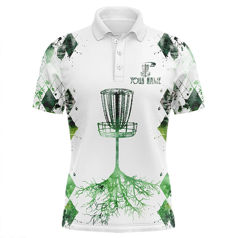 Maxcorners Watercolor green argyle pattern white Mens disc golf polo shirts custom disc golf disc golf shirt MT0510