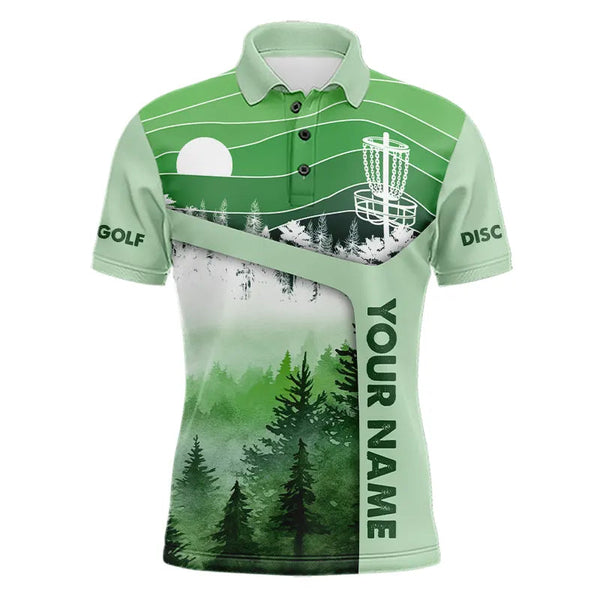 Maxcorners Mint Green Forest Retro Mens Disc golf polo shirts custom name disc golf jerseys, disc golf apparel MT0510