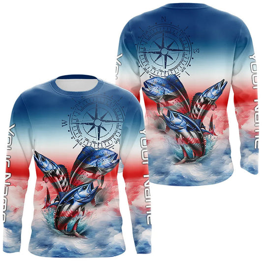 Maxcorners Red, white & blue Mahi Mahi, Wahoo, Tuna Compass Offshore Fishing Custom patriotic Performance Shirt LM1812