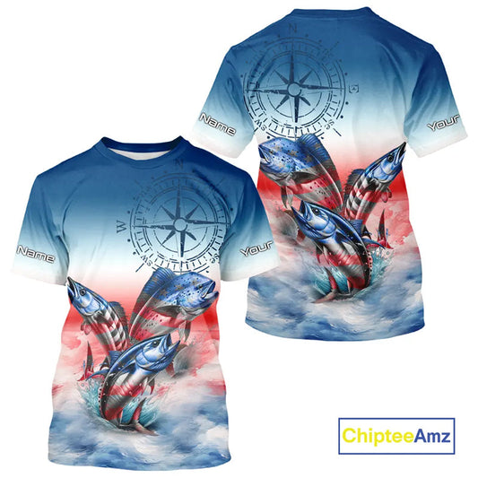 Maxcorners Red, white & blue Mahi Mahi, Wahoo, Tuna Compass Offshore Fishing Custom patriotic Performance Shirt LM1812
