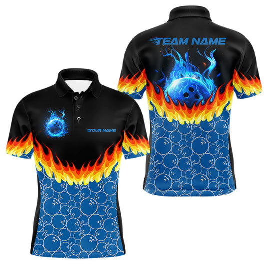 Maxcorners Black And Blue Camo Flame Bowling Polo, 1/4 Zip Shirts For Men Custom Team Men's Bowling Jerseys LM1104
