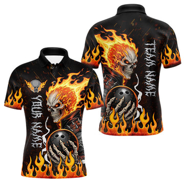 Maxcorners Custom Orange Flame Skull Bowling shirts for men, bowling team league jerseys Polo, 1/4 zip shirts LM2201