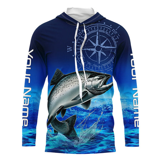 Maxcorners Personalized Chinook salmon Blue Long Sleeve Performance Fishing Shirts, compass tournament Shirts LM0201