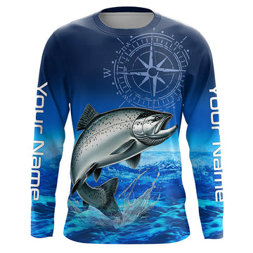 Maxcorners Personalized Chinook salmon Blue Long Sleeve Performance Fishing Shirts, compass tournament Shirts LM0201