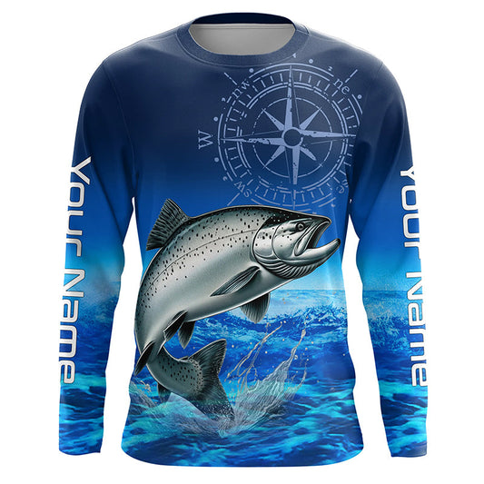 Maxcorners Personalized Chinook salmon Blue Long Sleeve Performance Fishing Shirts, compass tournament Shirts LM0201