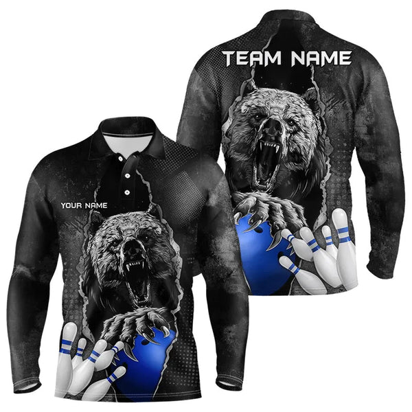 Maxcorners Black Bear Grunge Pattern Custom Men And Women Bowling Polo, 1/4 Zip Shirts Bowling Team Jerseys Outfits | Blue