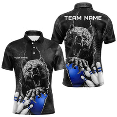 Maxcorners Black Bear Grunge Pattern Custom Men And Women Bowling Polo, 1/4 Zip Shirts Bowling Team Jerseys Outfits | Blue