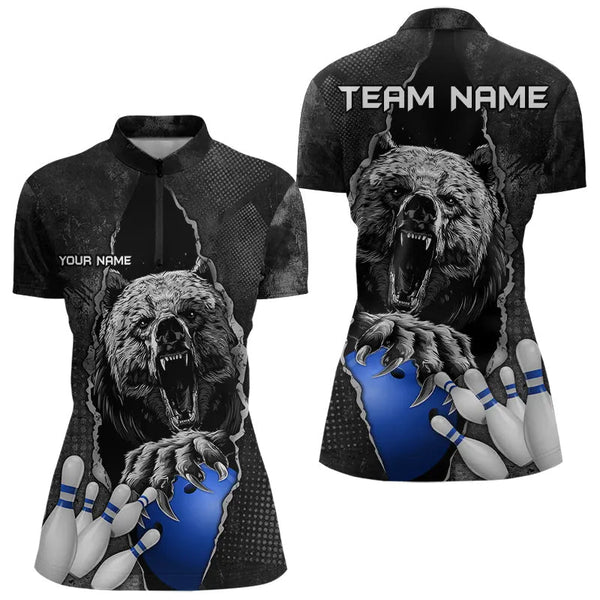 Maxcorners Black Bear Grunge Pattern Custom Men And Women Bowling Polo, 1/4 Zip Shirts Bowling Team Jerseys Outfits | Blue