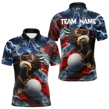 Maxcorners American Flag Eagle Lightning Thunder Golf Polo Shirts For Men Custom Patriotic Golf Team Jerseys LM1104