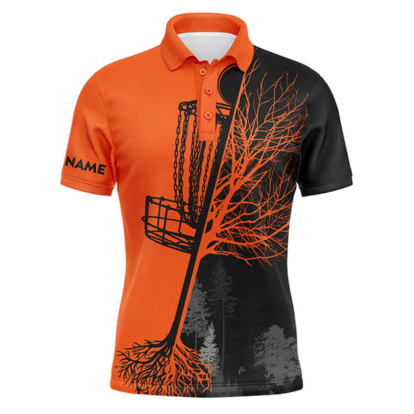 Maxcorners Mens disc golf polo shirt custom name black and orange disc golf basket, personalized disc golf shirts MT0510