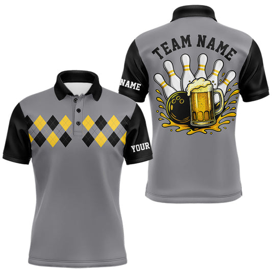 Maxcorners Black & Yellow argyle pattern retro Bowling Shirts For Men Custom Bowling and Beer Team Jersey | Gray LM0404