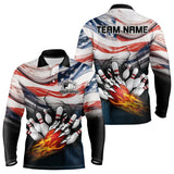 Maxcorners American Flag Flame Bowling Polo, Quarter Zip Shirts For Men Custom Patriotic Bowling Team Jersey