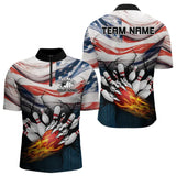 Maxcorners American Flag Flame Bowling Polo, Quarter Zip Shirts For Men Custom Patriotic Bowling Team Jersey