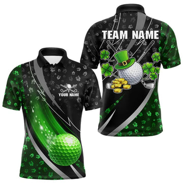 Maxcorners Black & Green Shamrock pattern Golf Polo Shirts For Men Custom St Patrick team men's golf clothes