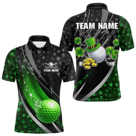 Maxcorners Black & Green Shamrock pattern Golf Polo Shirts For Men Custom St Patrick team men's golf clothes