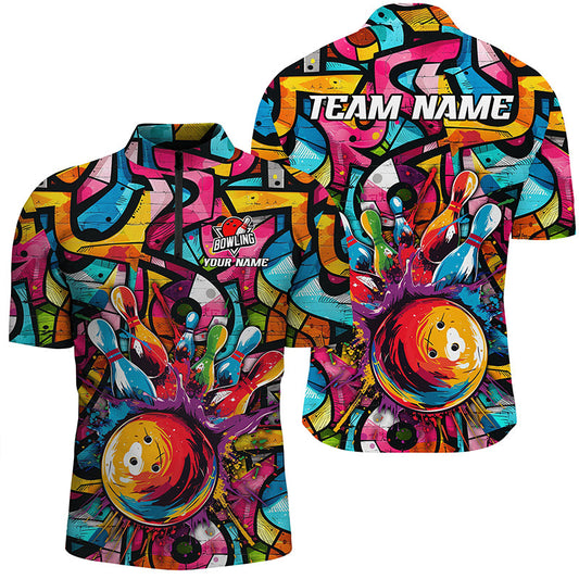 MaxCorners Bowling And Pins Colorful Graffiti Pattern  Customized Name, Team Name 3D Polo Shirt For Men