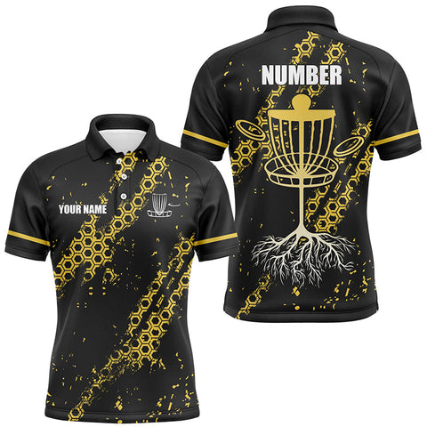 Maxcorners Black and Yellow Hexagon Pattern Mens Disc golf polo shirts custom Team disc golf jerseys MT0510