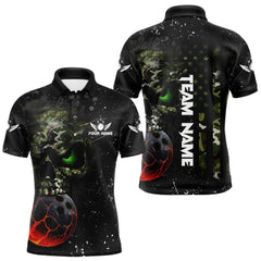 Maxcorners Black and Green Camo grunge American Flag Skull Bowling Shirts for Men Custom Bowling Team jerseys LM1812