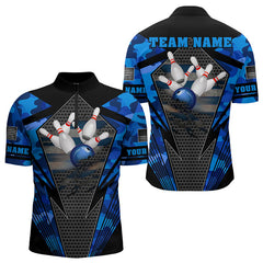 Maxcorners Blue Camo Bowling Polo, Quarter Zip Shirt For Men Custom Bowling Team League Jerseys