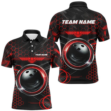 Maxcorners Red Camo Bowling Hexagon Pattern Bowling Gifts for Men Team with Name Polo & 1/4 Zip