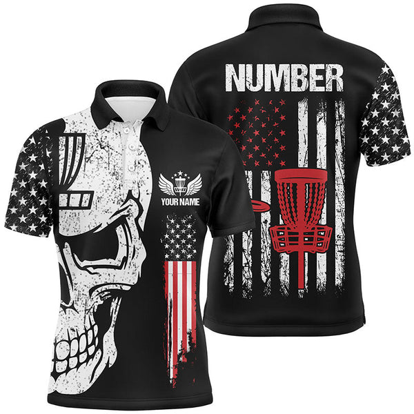 Maxcorners Black American flag Mens disc golf polo shirts custom name, number patriotic disc golf skull apparel MT0510