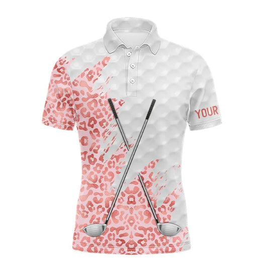 Maxcorners Pink glitter Leopard skin pattern custom name white Mens golf polo shirts, team golf tops for men LM2201