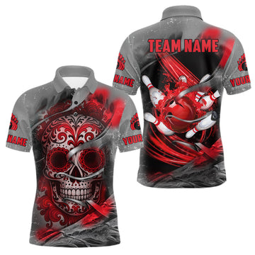 Maxcorners Red Sugar Skull Tattoo Custom Mens Bowling Polo, Quarter Zip Shirts,Team Bowling Jerseys LM2201