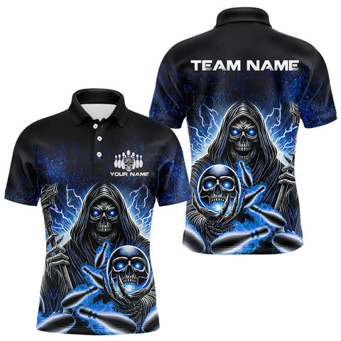 Maxcorners Personalized Skull Bowling Shirt For Men Custom Team Name Lightning Thunder Bowler Jerseys | Blue LM233