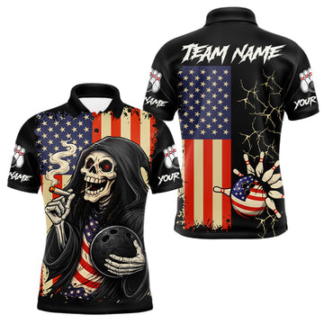 Maxcorners Custom American Flag Skull Bowling shirts For Men, patriotic team Bowling jerseys gift for bowlers