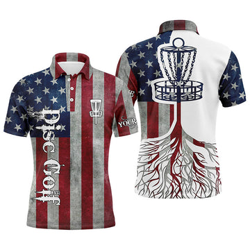 Maxcorners Mens disc golf polo shirt custom American flag patriotic disc golf basket, patriotic disc golf shirts MT0510
