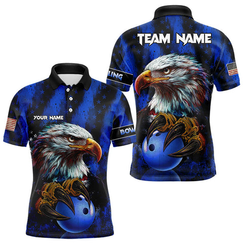 Maxcorners American Flag Eagle Mens Bowling Polo, 1/4 Zip Shirt Custom Name Patriotic Bowling Team Jersey | Blue LM233