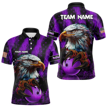Maxcorners American Flag Eagle Mens Bowling Polo, 1/4 Zip Shirt Custom Patriotic Bowling Team Jersey | Purple LM233