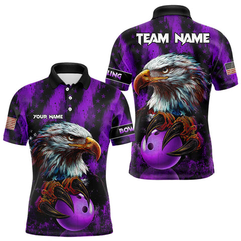 Maxcorners American Flag Eagle Mens Bowling Polo, 1/4 Zip Shirt Custom Patriotic Bowling Team Jersey | Purple LM233