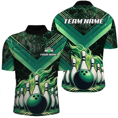 MaxCorners Bowling And Pins Green Flame Customized Name, Team Name 3D Polo Shirt For Men