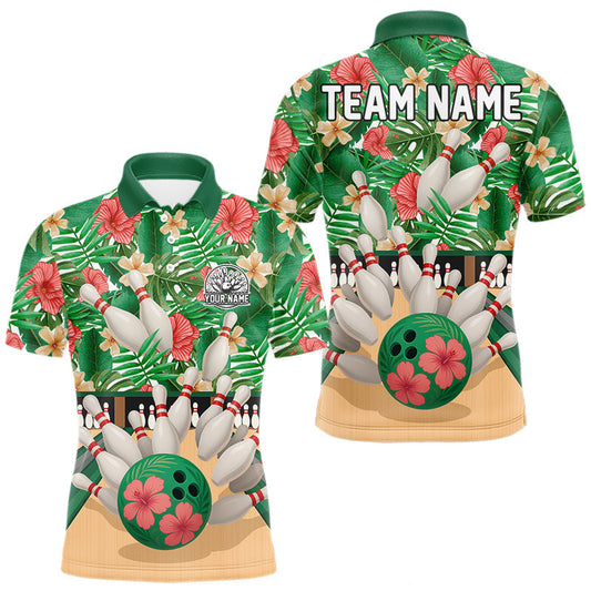 Maxcorners Green tropical flower Bowling Polo, Quarter Zip Shirts For Men Custom bowling team jersey LM2603
