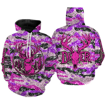 Maxcorners Pink glitter camo hunting Customize Name 3D All Over Printed Shirts, Deer hunting shirts for women LM2608