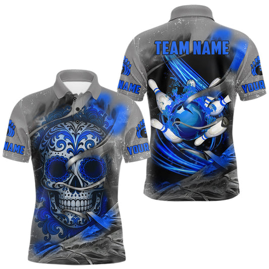 Maxcorners Blue Sugar Skull Tattoo Custom Mens Bowling Polo, Quarter Zip Shirts,Team Bowling Jerseys LM2603