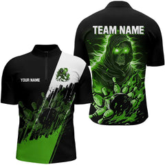 Maxcorners Black and Green Skull reaper bowling jerseys Polo, 1/4 Zip Shirt for Men Custom Bowling Team shirts