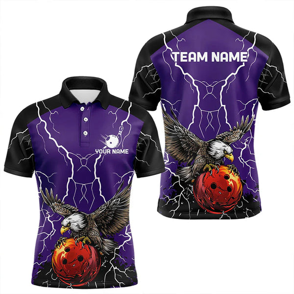 Maxcorners Men's bowling Polo, Quarter Zip shirt Custom Eagle bowling lightning storm team league jersey | Purple LM253