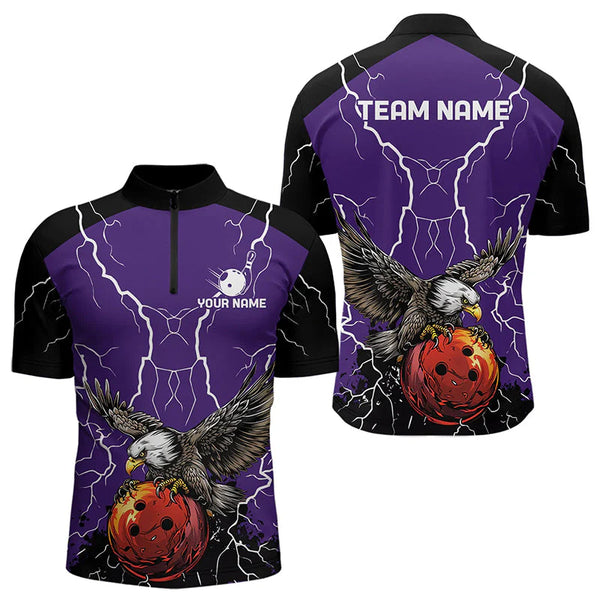 Maxcorners Men's bowling Polo, Quarter Zip shirt Custom Eagle bowling lightning storm team league jersey | Purple LM253