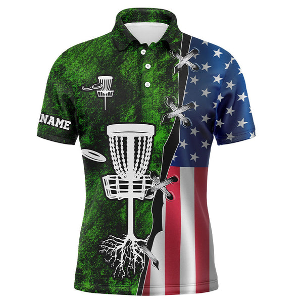 Maxcorners Mens disc golf polo shirt American flag green grunge custom disc golf team shirt, disc golf gifts MT0510