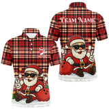 Maxcorners Funny Santa Christmas Bowling Polo, Quarter Zip shirts for men Custom Red Plaid bowling jerseys men TU2310