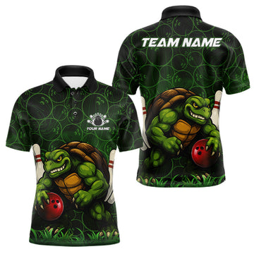 Maxcorners Black and Green Camo Funny Turtle Bowling Polo, Quarter Zip Shirt For Men Custom Team Bowling jerseys