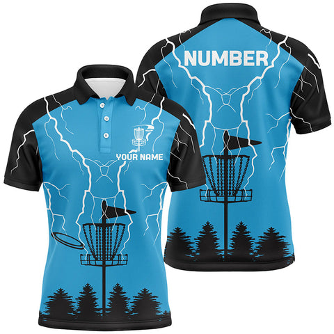 Maxcorners Mens disc golf polo shirt blue lightning storm custom disc golf shirt, disc golf gifts MT0510